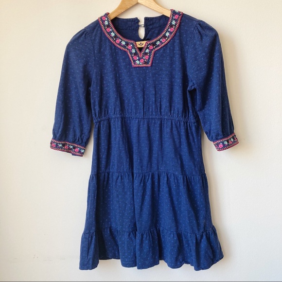 Lucky Brand Blue Boho Embroidered Flower Print Tiered Empire Dress Girls XL 16 - Picture 1 of 8
